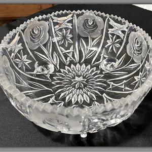 Vintage Leonard Cut Crystal Frosted Rose Sawtooth Rim & Three Footed Bowl Italy